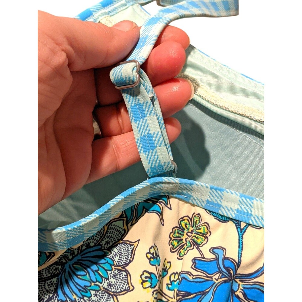 Lands' End Blouson Tankini Swim Top Sz 14 Blue Floral Paisley Gingham Pool Beach - Picture 7 of 12